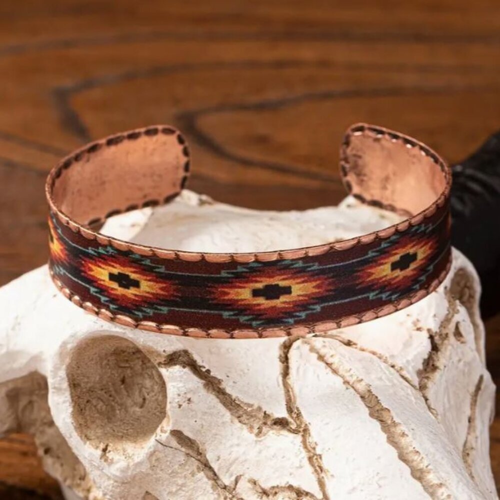 NEW Brown and Orange Southwestern Print Leather Inlay Copper Cuff Bracelet